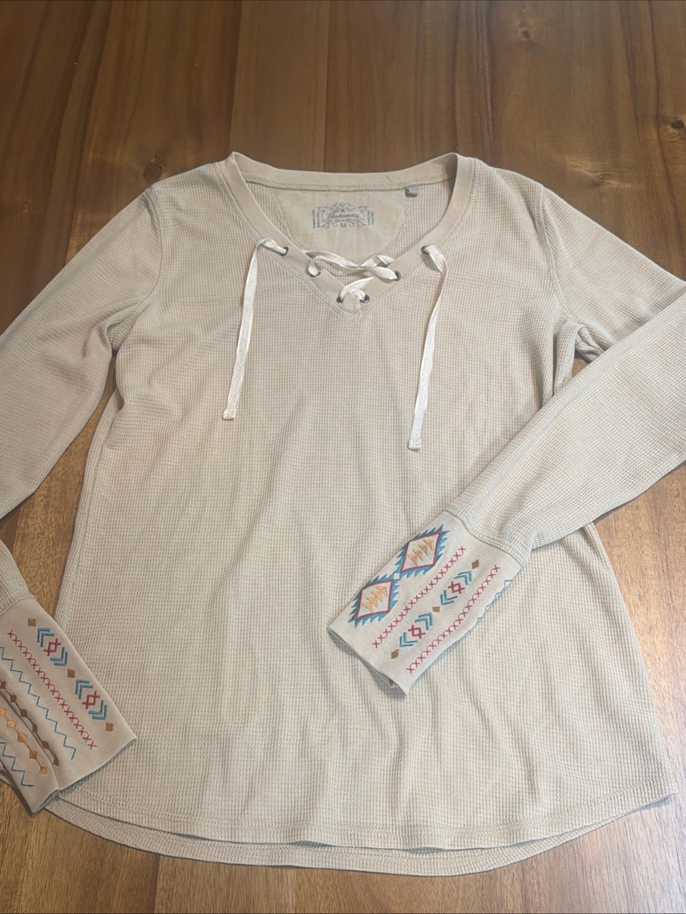 Panhandle Aztec Embroidered Lace Up Thermal Top Oatmeal Size M